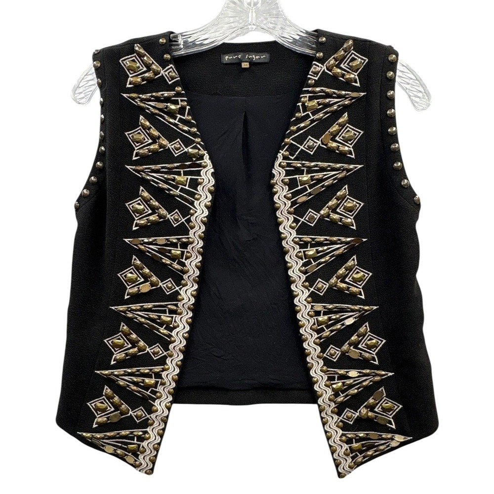Pure Sugar Embroidered Studded Western Boho Festival Open Front Black Vest